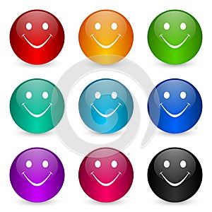 Smile icon set  colorful glossy 3d rendering ball buttons in 9 color options for webdesign and mobile applications