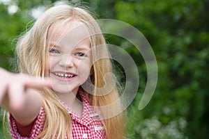 Smile if you are happy. Small girl happy smiling. Little girl wear long hair. Small child with blond hair. Happy little