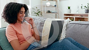 Smile, laptop and woman typing on sofa in home living room for online dating in house. Relax, computer and happy female