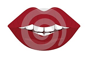 Smile on the lips. Seductive mouth. Colored vector illustration. Flat style. An even row of white teeth. Luscious lipstick shade.