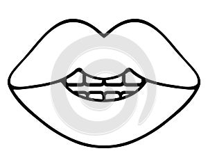 A smile on the lips. Sketch. The mouth is half open, the teeth are visible. Vector illustration.