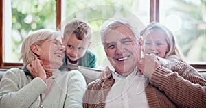 Smile, love and children hugging grandparents on sofa in the living room at modern home. Family, bonding or portrait of