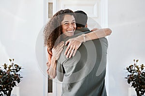 Smile, love and a couple hugging in their home for support, care or romance in marriage together. Happy, trust and