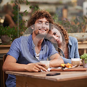 Smile, love and portrait of couple at coffee shop on romantic, anniversary or morning date. Happy, positive and young