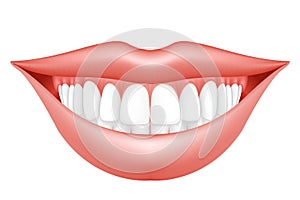Smile makeover, woman lips and dentition, semiopen mouth with hollywood smile, dental clinic photo