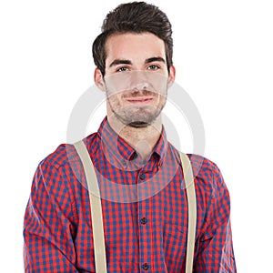 Smile, man and portrait of a nerd or geek with white background isolated and happy. Smiling, smart and nerdy style