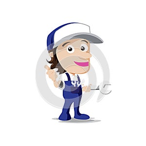Smile mechanic man with tool in hand, thumb up vector