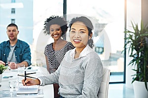 Smile, meeting and portrait of Asian businesswoman in office with documents for financial planning. Discussion, happy
