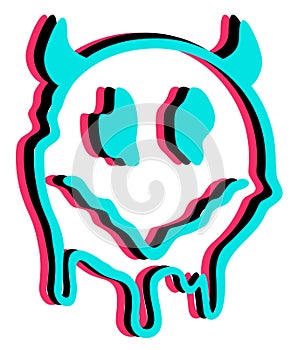 Smile melt face with devil horns burn t-shirt print design. Vector trendy cartoon character illustration. Abstract neon