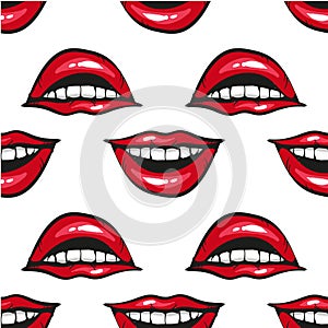 Smile mouth with red lips and white teeth pop art style seamless pattern
