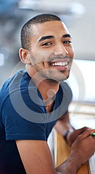 Smile, office and portrait of business man for startup career, job or working in design agency. Professional, creative