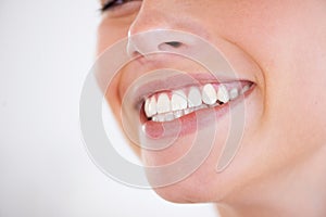Smile, oral hygiene and closeup of woman teeth with health, wellness and morning dental routine. Self care, happy and