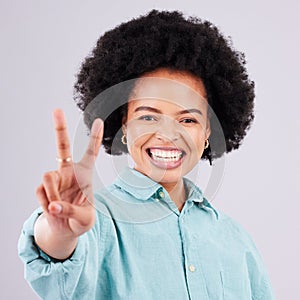 Smile, peace sign and portrait of black woman in studio for positive, agreement and support. Confidence, happy and emoji