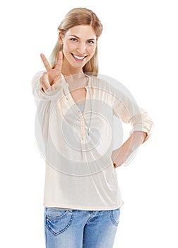 Smile, peace sign and portrait of woman in studio isolated on a white background. Happy, fingers and v hand gesture