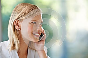 Smile, phone call and profile of business woman listening, speaking or talking with mockup. Cellphone, communication and