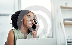 Smile, phone call and woman with mobile, office and communication for conversation. Technology, smartphone and