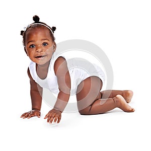 Smile, portrait and African girl baby isolated on white background with playful happiness, crawling and growth. Learning