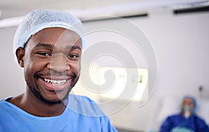 Smile, portrait and black man, surgeon or healthcare expert for patient surgery support, hospital services or medical