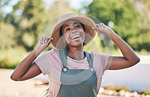 Smile, portrait and black woman on farm in nature, sustainable business and sunshine. Agriculture, gardening and