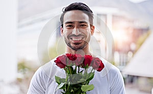 Smile, portrait and happy man with bouquet of roses for date, romance and hope for valentines day. Love confession