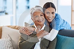 Smile, portrait and nurse hugging old woman in retirement house, bonding and medical care. Face, hug and elderly person