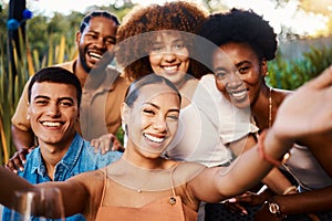 Smile, portrait and selfie of friends at cafe, bonding and happy memory at sunset. Face, group and profile picture at