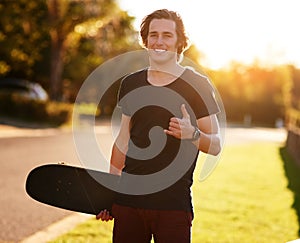 Smile, portrait and skateboarder with shaka hand gesture outdoor for hobby, skill practice and cruising. Male person