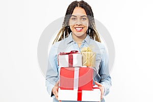 Smile pretty girl hold many gift boxes, new year christmas background, beautiful woman