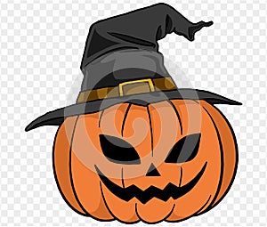 Smile pumpkin wears witches hat in hand drawing brush style, isolated on transparent PNG. Perfect for halloween party backgrounds