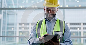 Smile, research and a construction worker with a tablet on site for communication or building email. Happy, connection