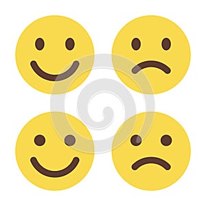 Smile and sad emoji icon in flat style. Happy and unhappy face emoticon concept