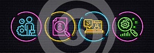 Smile, Search and Employee minimal line icons. For web application, printing. Neon laser 3d lights. Vector