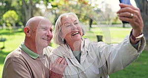 Smile, selfie and senior couple at park for love, support and bonding together for care. Happy, elderly man and woman in