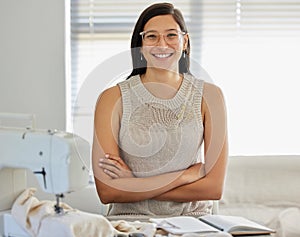 Smile, sewing machine and portrait of woman in office for clothes design, tailor and small business. Happy, seamstress