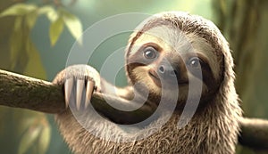 Smile sloth hanging from a tree in the forrest. High quality 3d render Illustration of Sloth