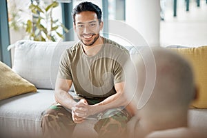 Smile, soldier and man with psychologist for therapy, consultation and military communication. Happy, army veteran and