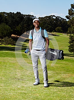Smile, sports and portrait of male golfer with positive, good and confident attitude on field. Happy, fitness and