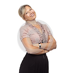 Smile, studio and portrait of boss with arms crossed for confidence, pride or joy in career. Manager, business and face