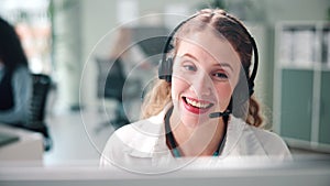 Smile, telemarketing and woman consultant in office talking for online ecommerce consultation. Headset, technical