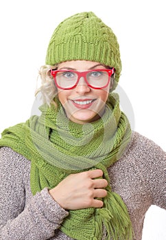 Smile trendy woman wearing eyewear with wool scarf