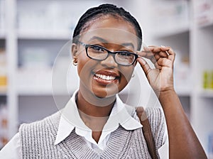 Smile, vision and portrait of happy woman with glasses in clinic for eye care, health and poor sight. Eyesight, face of