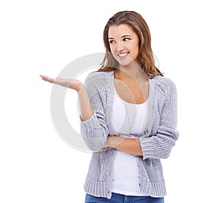 Smile, woman and hand with palm space in studio for announcement, news or offer on white background. Information