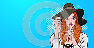 Smile woman with hat finger on lips silence gesture