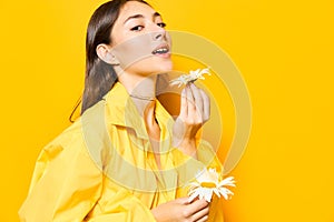 smile woman health flower yellow model pretty chamomile portrait young happiness