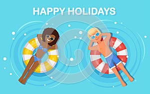 Smile woman, man swims, tanning on air mattress in swimming pool. Girl floating on toy with ball isolated on water background.