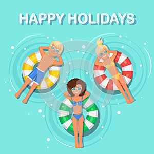Smile woman, man swims, tanning on air mattress in swimming pool. Girl floating on toy with ball isolated on water background.