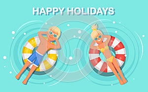 Smile woman, man swims, tanning on air mattress in swimming pool. Girl floating on toy with ball isolated on water background.