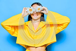 smile woman portrait stylish flower young blue model happiness chamomile yellow