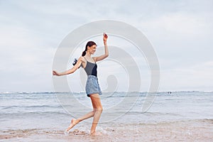 smile woman running beach young sea travel summer sunset sunrise lifestyle