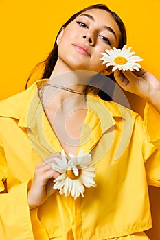 smile woman yellow model young portrait pretty chamomile romantic flower happiness
